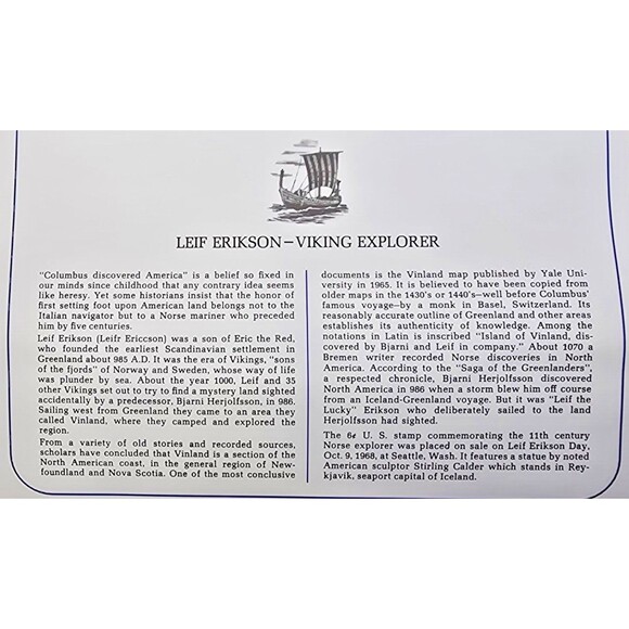 HONORING LEIF ERIKSON FIRST DAY OF ISSUE VIKING EXPLORER 1968 - Picture 2 of 3